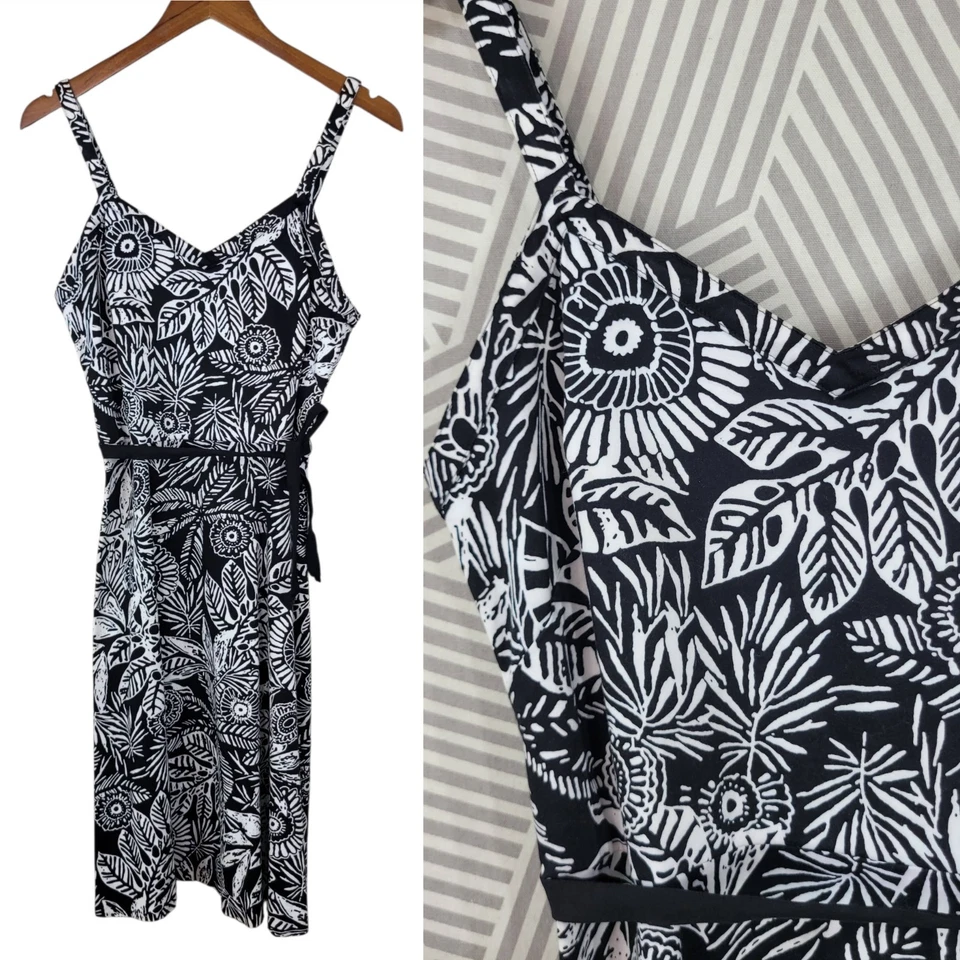 Vestido Catherine Stewart Talla 8 Floral Negro Blanco Tropical Corbata Cintura Hasta la Rodilla  Foto 1 de 4
