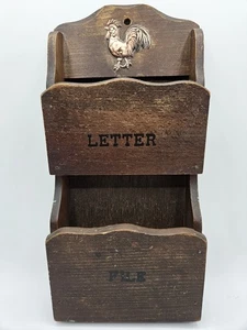 VINTAGE WALL WOOD LETTER & FILE RACK 12” X 5.5”  W COPPER ROOSTER TILSO JAPAN - Picture 1 of 7