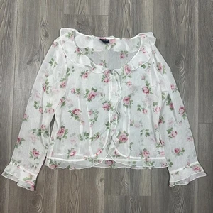 Boston Proper Sheer White Floral Ruffle Blouse - Feminine Spring & Summer Top - Picture 1 of 6