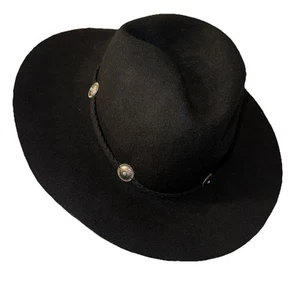 American Eagle Wool Cowboy Hat Wide Brim Braided Silver Medallions Black Felt - Picture 1 of 9