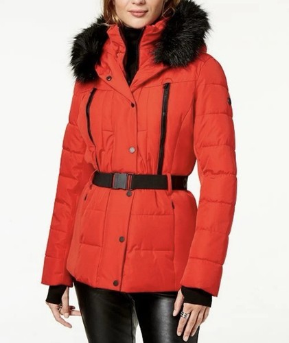 MICHAEL Kors Cappotto Medio Rosso Ecopelliccia con Cappuccio e Cintura Puffer Jacket Taglia XL