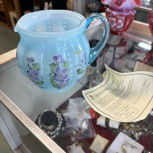 Letrero con superposición de topacio azul jarra de melón de vidrio artístico Fenton D - Imagen 1 de 3