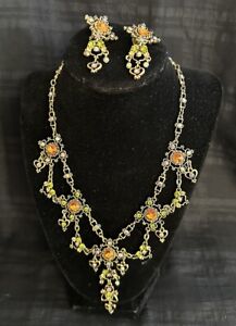 SUZANNE Somers Necklace & Earring Set Orange Green AB Crystal NIB