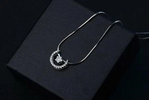 Pave CZ Silver SP Moon Star Three Ways of Wearing Pendant Necklace - Picture 1 of 3