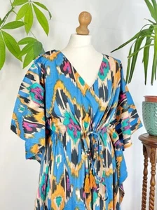 Multi Ikat Kaftan Dress Maxi Boho Size Women Kimono Plus Beach Caftan Casual US - Picture 1 of 7