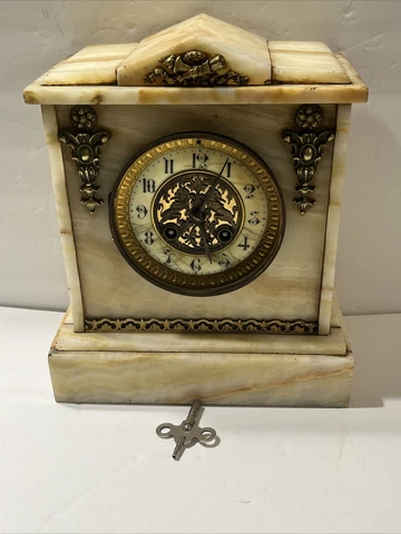 Antique French Medaille De Bronze S. Marti 19th Century Marble Desk Clock Lions Cover