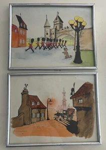 "Juego de 2 escenas callejeras británicas estampadas en acuarela vintage enmarcadas firmadas 11x9""" - Imagen 1 de 6