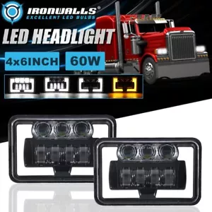 Pair 4x6" Square LED Headlights Hi-Lo DRL Lamp for Western Star 4900 Semi Truck - Foto 1 di 12