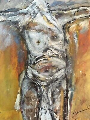 Très Beau Grand Dessin Fusain 1980 Christ En Croix Religion Peinture • 125€