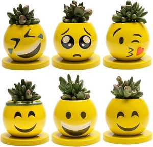 Emoji Mini Planters, Small Clay Pots, 6 Count - Picture 1 of 3