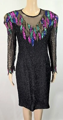 Vintage SCALA Women’s Sequin Beaded  Black Silk Party Cocktail Dress, Sz PL, NWT - Image 1 of 4