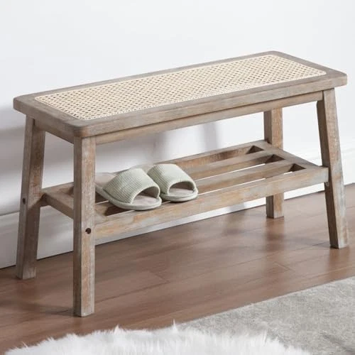 Rattan Dining Storage Bench Solid Wood Legs Ottoman Seat Entryway Hallway - Image 1 of 4