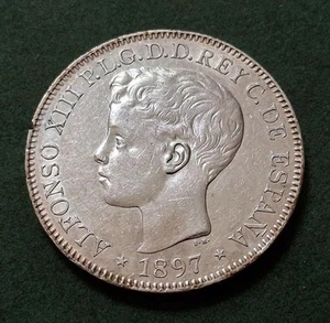 SPANISH PHILIPPINES - 1897 silver PESO - light handling/album toning - AU - Picture 1 of 2