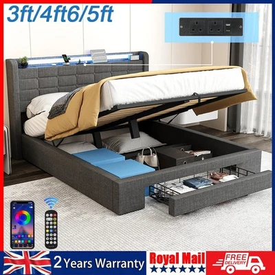 NEW OTTOMAN STORAGE UPHOLSTERED BED FRAME WITH SOCKET & LED LIGHT & DRAWER Mmzdc - Image 1 of 4