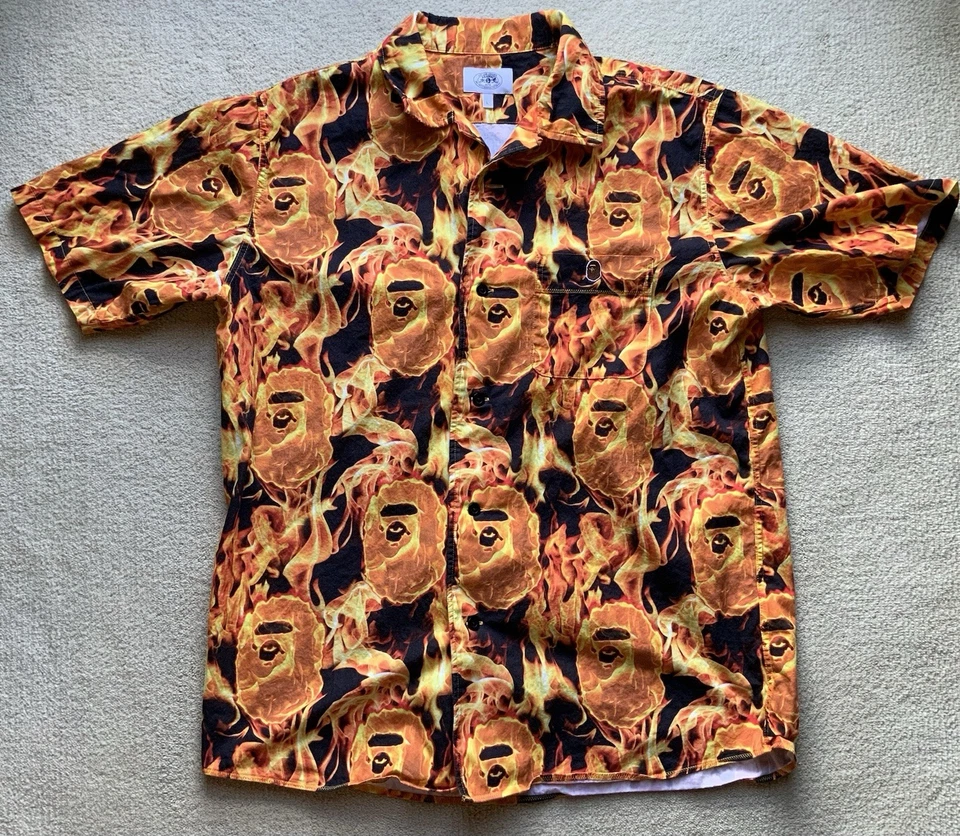 Рубашка Bape Flame с открытым воротником оранжевая большого размера - Изображение 1 из 1