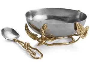 Michael Aram Enchanted Garden Nut Bowl With Spoon Stainless Steel Brass Crystal - Picture 1 of 10
