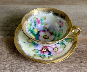 Vintage YAMAKA China Tea Cup & Saucer Japan Pink Flowers Gold Trim - Picture 1 of 11