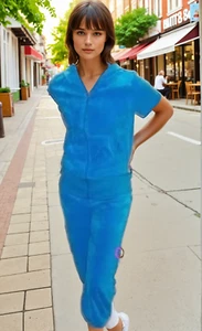 NEW TURQUOISE CROP TROUSERS VELOUR TRACK SUITE WITH SHORT SLEEVE 6 to 14 - Picture 1 of 4
