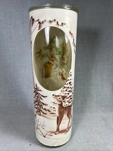 Vtg Christmas Glass Pillar Candle Winter Scene Deer Bunny Birds - NO candle - Picture 1 of 17
