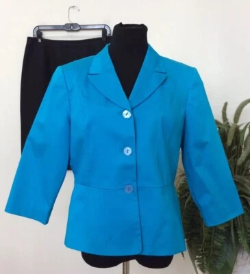 Traje Falda Le Suit Mujer Azul Turquesa Negro Mezcla Algodón 2 Piezas Talla 12P Usado en Excelente Condición Foto 1 de 4