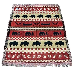 Bear Lake  Mountain Cabin Bear Canoe Buffalo Silhouettes Tapestry Afghan Throw - Picture 1 of 1
