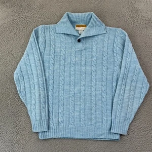 Vintage Jantzen Sweater Mens Large Blue Cable Knit 70s Wool Blend Shawl Collar - Picture 1 of 12