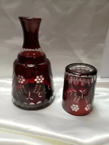Decantador y vidrio vintage bohemio corte rubí - Imagen 1 de 11