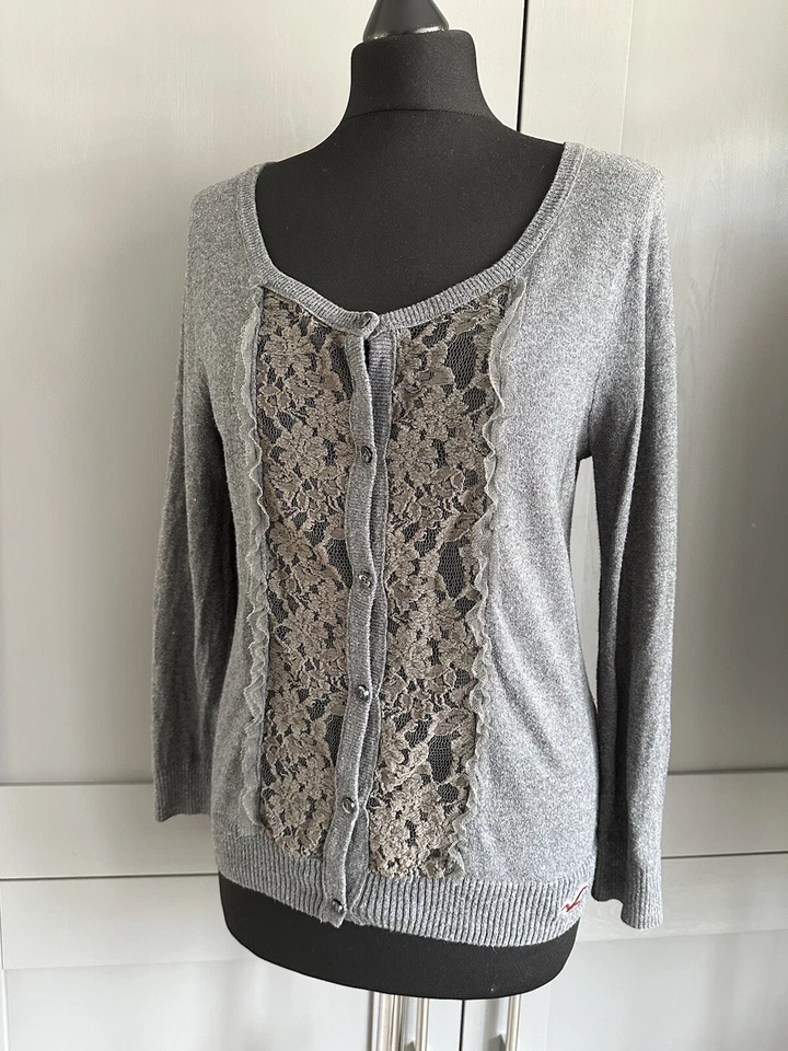 Hollister Womens Grey Cardigan Lace panel Long Sleeve Size L USED - Image 1 of 4