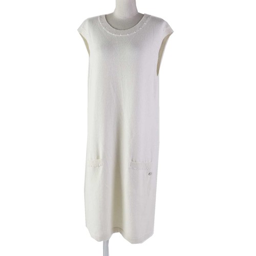 Abito donna CHANEL maglia smanicata perla taglia 44 COCO MARK cotone cashmere bianco