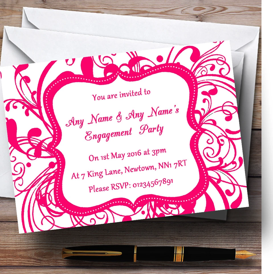 White & Pink Swirl Deco Personalised Engagement Party Invitations - Image 1 of 1