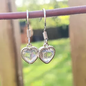 925 Sterling Silver Love Heart Moon Stone Dangle/Drop Hook Earrings Girl Gift UK - Picture 1 of 7
