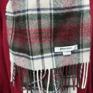 JOHNSTONS 100% Lambswool Scarf Fringe Tartan Plaid Red Green Blue Made Scotland - Picture 1 of 4