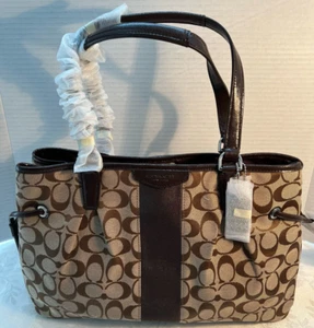 COACH Signature Stripe Drawstring CarryAll Lg Handbag Silver/Khaki/Mahogany $328 - Picture 1 of 12