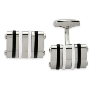 Stainless Steel Polished Black/White Rubber Bands Rectangle Cuff Links - Picture 1 of 3
