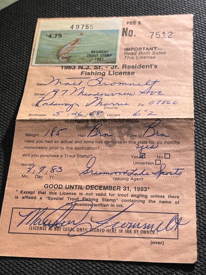 New Jersey 1983 Jr-Sr RESIDENT TROUT STAMP on LICENSE USED - Image 1 of 3
