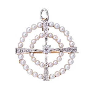 Broche colgante círculo de perlas cultivadas con diamantes Art Deco vintage joyería fina - Imagen 1 de 2