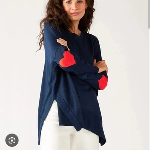 Mersea Damen OS Pullover Baumwolle Noppen Tunika Top rot Herz Ellenbogen Patch marineblau EUC! - Bild 1 von 7