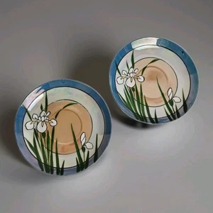2 Vintage Japan Blue And White Lusterware Dessert Plates Hand Painted White Iris - Picture 1 of 8