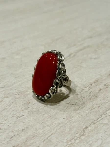 Vintage rote Koralle Karneol Ring Gr. 7,25 Art Deco Statement 925 Sterling Silber - Bild 1 von 9