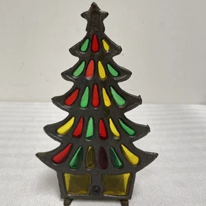 Vintage  Tiffany Style Stained Glass Christmas Tree Candle Holder Cast Iron - Picture 1 of 9