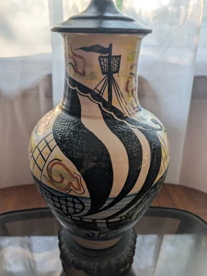 LIVELY! 17½" Italian Ceramiche Jug Table Lamp MCM Vintage Sunset Ships Pitcher - Image 1 of 4