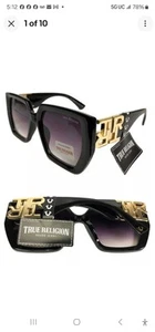 True Religion Sonnenbrille, schwarzes Gestell & großes goldenes Logo, 100 % UV-Schutz, neu mit Etikett - Bild 1 von 5
