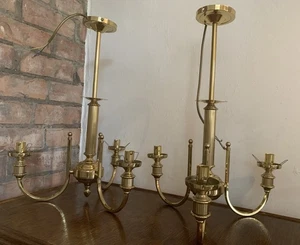 2 Vintage Brass Chandeliers 3 Arm Gold Ceiling Lights Neoclassical Column Style - Picture 1 of 13