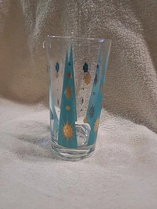 Fred Press Signed MCM Eclipse Atomic Sunburst Gold Gilt Highball Glass Teal Blue - Picture 1 of 14