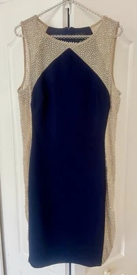 Vestido Xscape Feminino Azul Marinho Frisado 12 Perfeito Excelente Estado FRETE GRÁTIS - Imagem 1 de 4