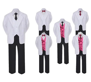 Formal Black White Suit Set Burgundy Bow Tie Neck Tie Vest Boy Baby Toddler Teen - Picture 1 of 10