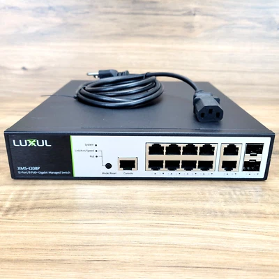 LUXUL XMS-1208P 12-Port/8 PoE+ Gigabit Managed Switch  US Power Cord - Image 1 of 4