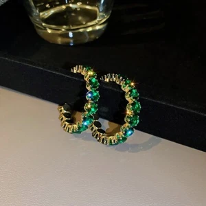 Round Earrings Hoop Crystal Green Large Big Rhinestone Cubic Zirconia Gift - Picture 1 of 1