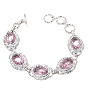 Pink Kunzite Gemstone Handmade 925 Sterling Silver Bracelet Size 7-8" - Picture 1 of 1