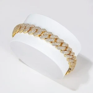 Round Simulated Diamond Men's Cuban Bracelet 8" In 14K Yellow Gold Plated Brass - Picture 1 of 7